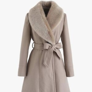 Taupe Shawl-Collar Wool Blend Coat with Removable Faux Fur - Women's